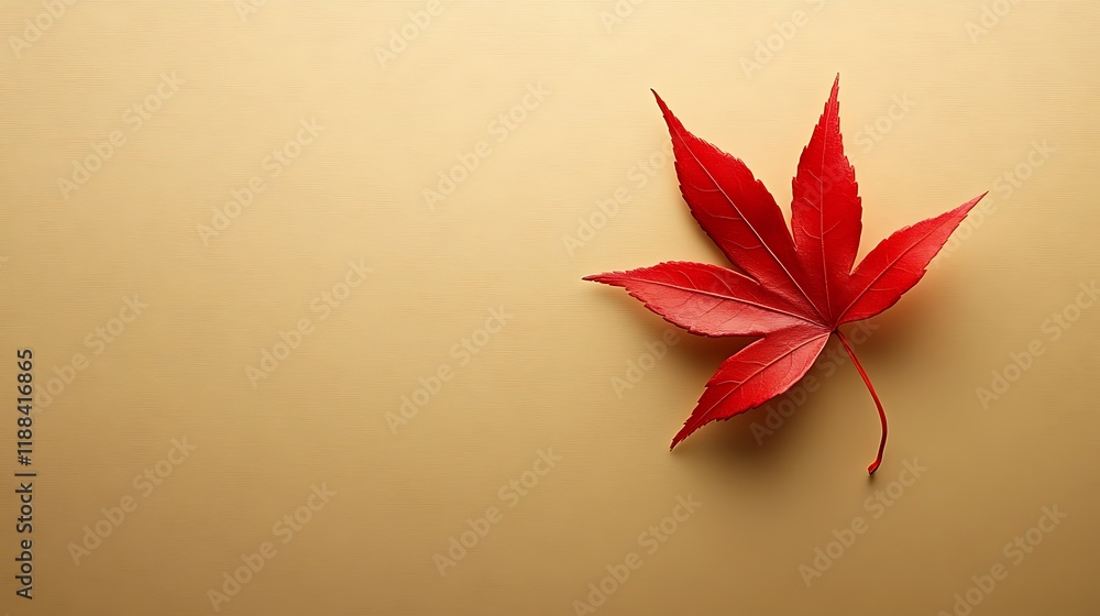 A single red autumn leaf delicately placed on a smooth solid background, creating a minimalist design. A single red autumn leaf delicately placed on a smooth solid background, creating a minimalist design.
