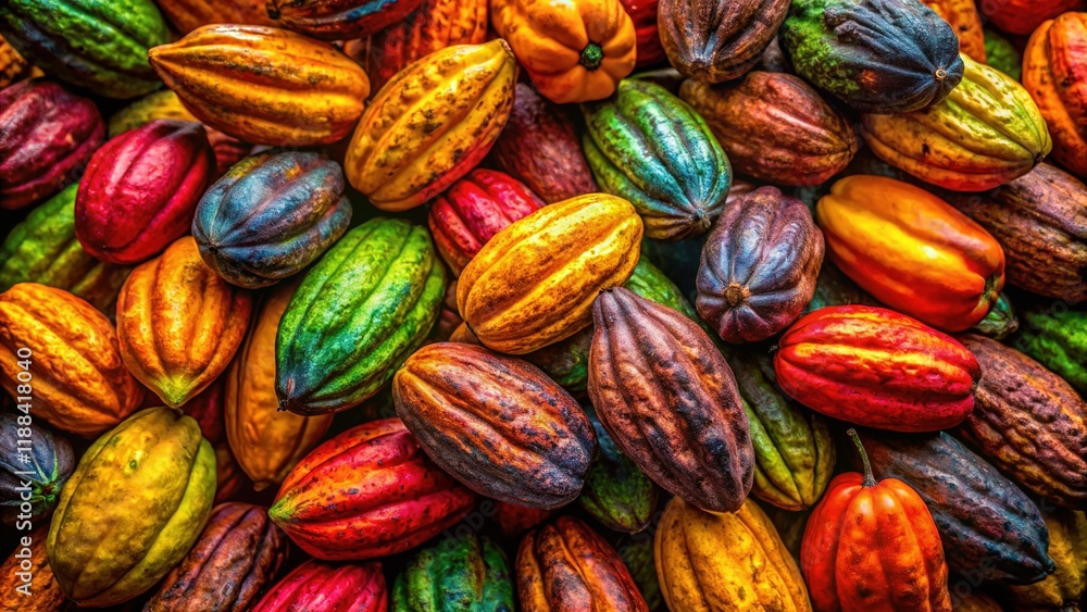 Vibrant Cocoa Pods Silhouette: Stacked Raw Cacao Harvest, Rich Textures Vibrant Cocoa Pods Silhouette: Stacked Raw Cacao Harvest, Rich Textures