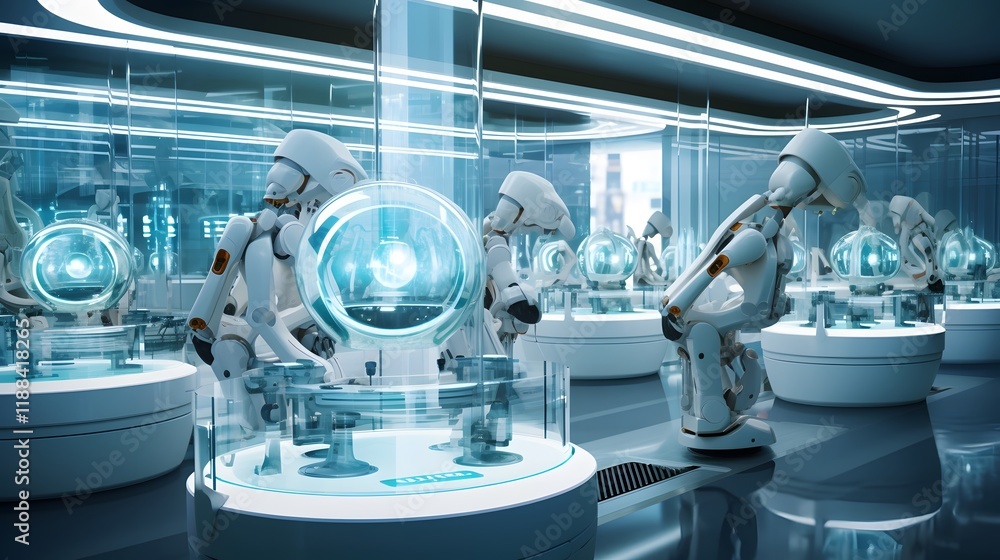 Cutting edge futuristic medical laboratory equipped with AI operated robotic arms performing intricate experiments and research in a modern high tech workspace Cutting edge futuristic medical laboratory equipped with AI operated robotic arms performing intricate experiments and research in a modern high tech workspace