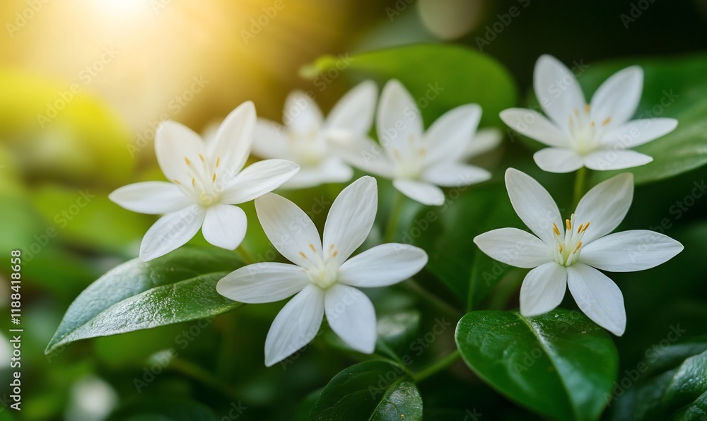 Fototapeta premium Close-up of delicate white flowers with green leaves in sunlight.