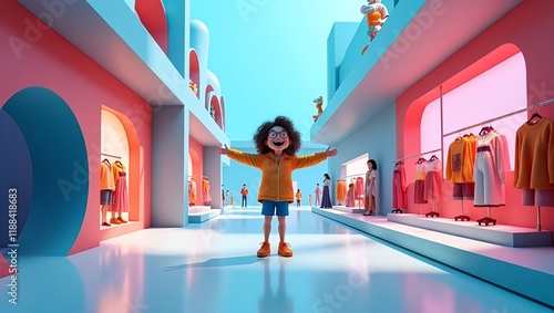 A cartoon character depicting a little girl enjoin her freedom in a blue and pin mixed town