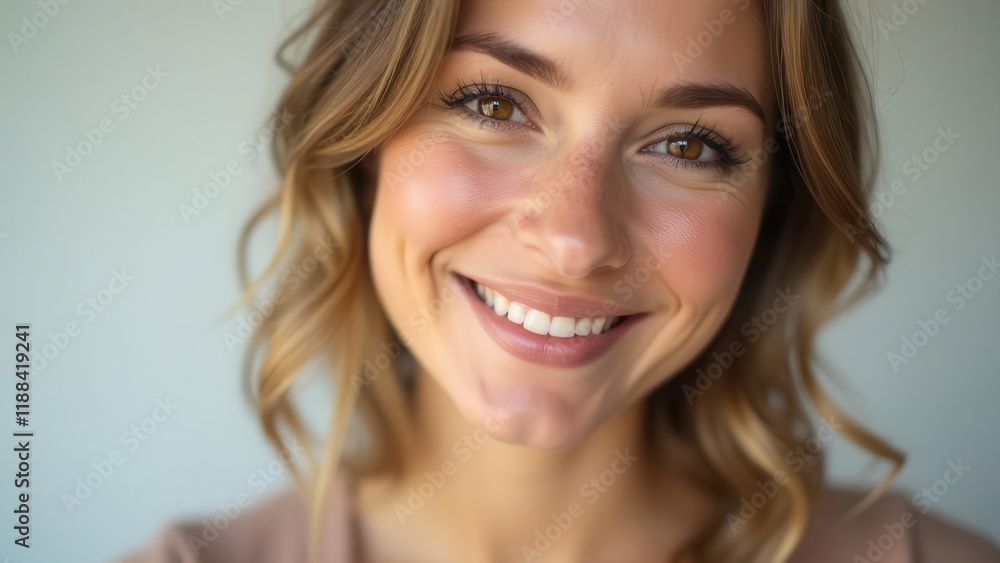 Close-up portrait of a smiling young woman with long brown hair. Close-up portrait of a smiling young woman with long brown hair.