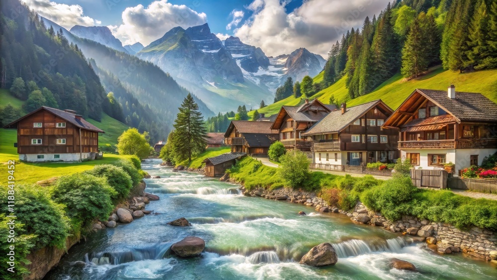 Fototapeta premium serene mountain landscape with a gentle river stream flowing through a village of traditional Swiss chalet houses, alps, nature scenery