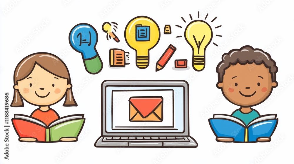 Happy kids reading books with laptop and idea icons. Happy kids reading books with laptop and idea icons.