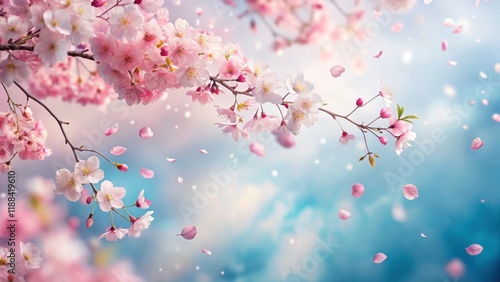 Pink sakura petals falling softly in the gentle breeze amidst soft pink and white hues on a serene background of pale blue sky with fluffy white clouds, nature scene, springtime scene