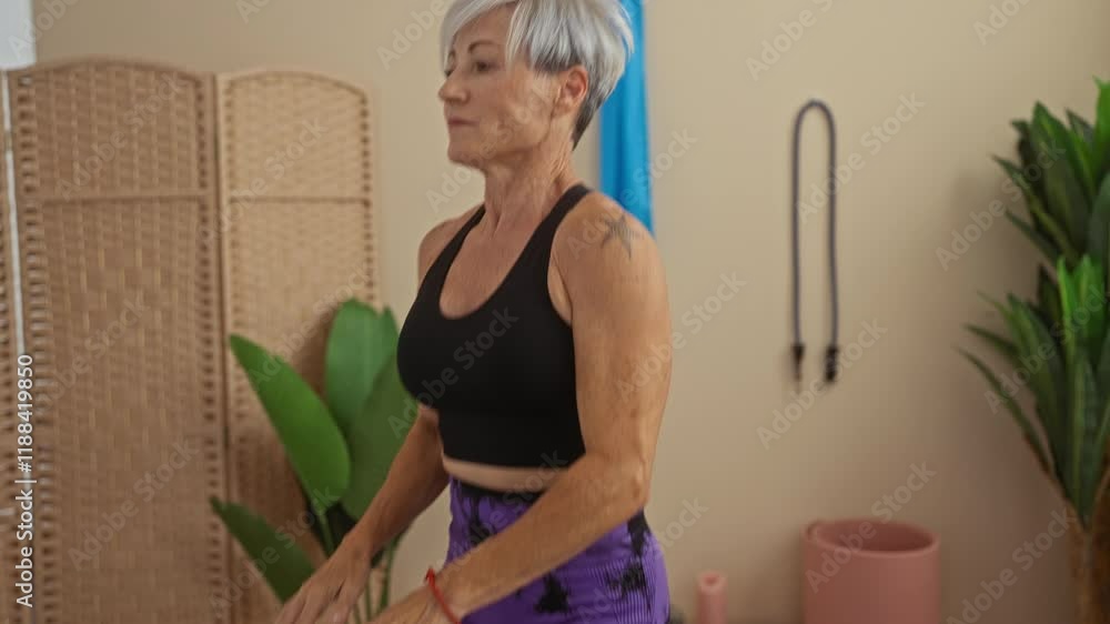 Elderly woman with grey hair exercising in an indoor gym with plants in the background Elderly woman with grey hair exercising in an indoor gym with plants in the background