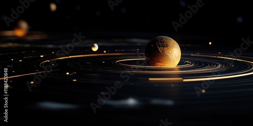 3D solar system-inspired visualization of global power dynamics, with countries represented as planets in orbit, illustrating their gravitational influence on the world stage with futuristic lighting.