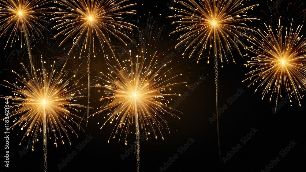 Fototapeta premium Firework border background, gold fireworks frame with stars and sparkles, firework banner