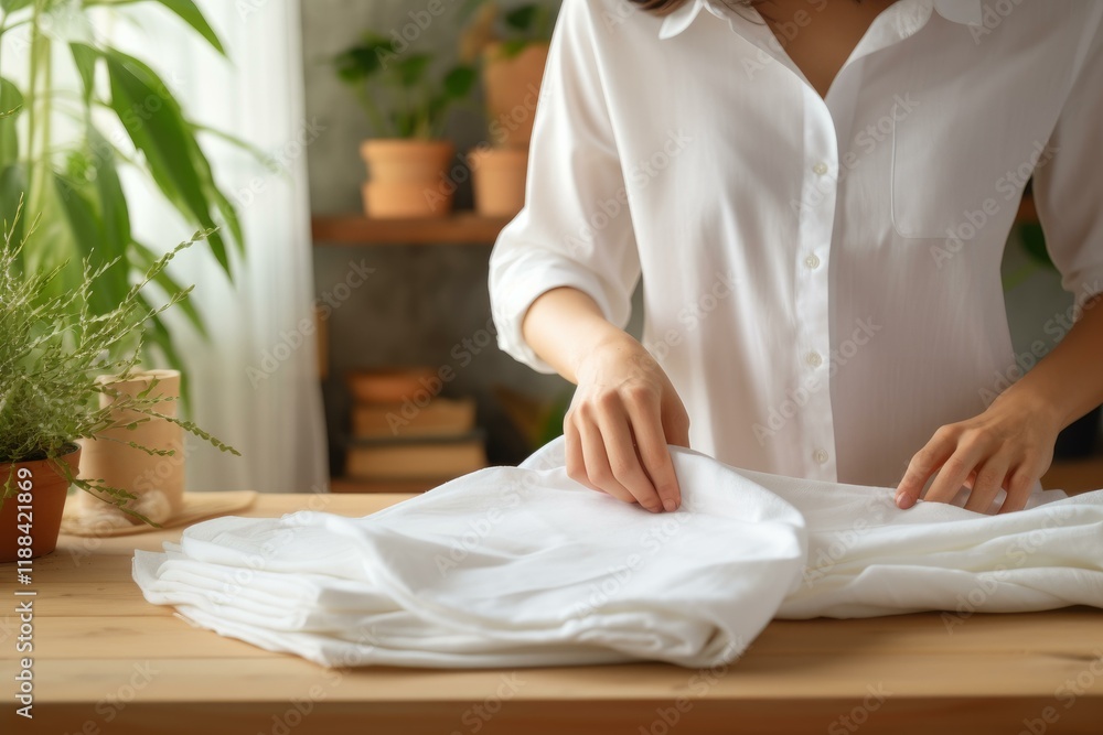 Housewife folding clean laundry on wooden table, enjoying domestic chores in cozy home environment Housewife folding clean laundry on wooden table, enjoying domestic chores in cozy home environment