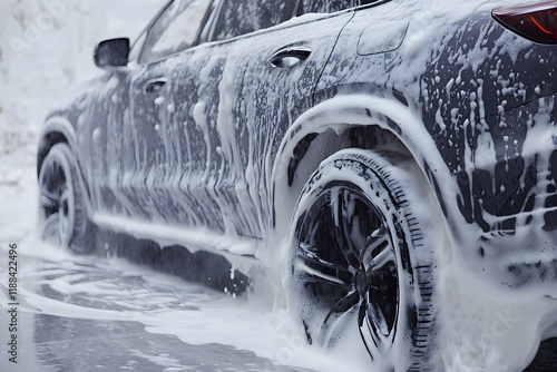The car is being washed with soap, and foam flows down the body of the gray SUV. Close-up side view of the rear wheel and fender
