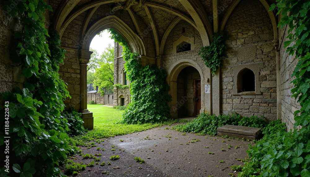 Fototapeta premium Stone archway adorned with clovers in Irish castle, nature's resilience