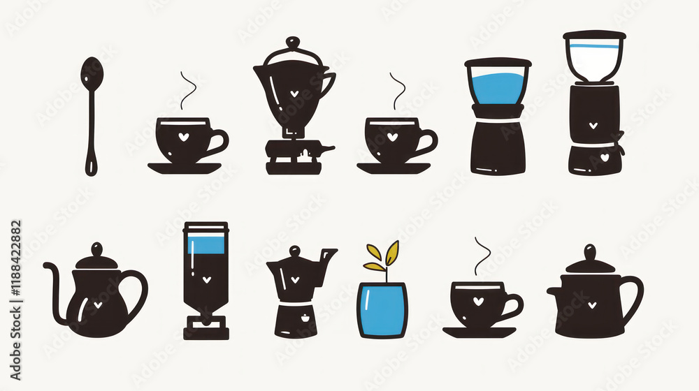 Coffee brewing tools and cups with heart designs, creating cozy vibe Coffee brewing tools and cups with heart designs, creating cozy vibe