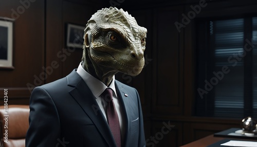 Reptilian in a Suit: A Lizard Person in a High-Powered Office Setting, Mysterious and Intriguing