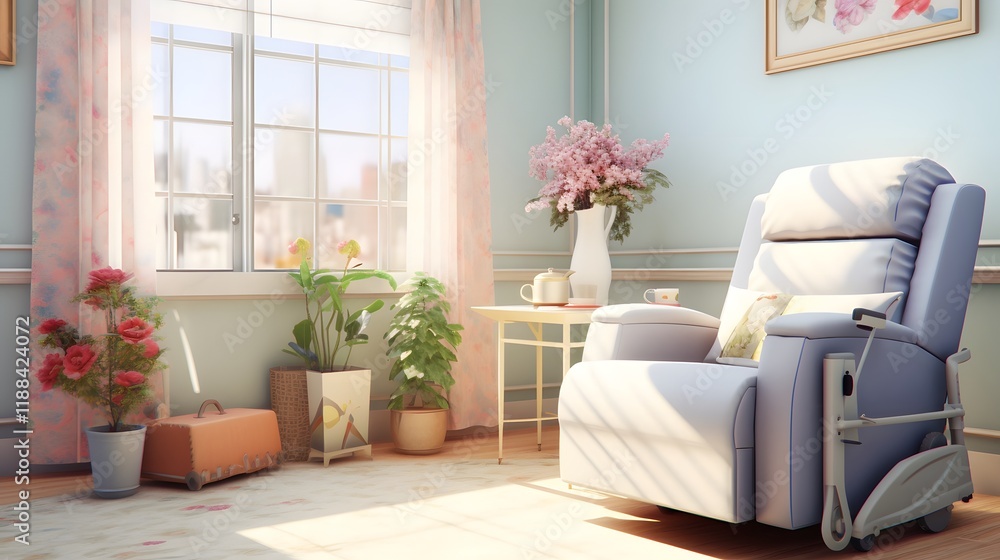Fototapeta premium Comfortable recliner chair set in a peaceful pastel colored nursing home room providing a calming space for elderly residents to relax and rest