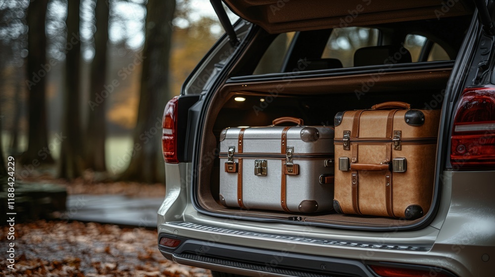 Fototapeta premium Opened trunk of a luxury SUV with silver suitcases on a cobblestone street during autumn evening, surrounded by historic buildings and warm lighting