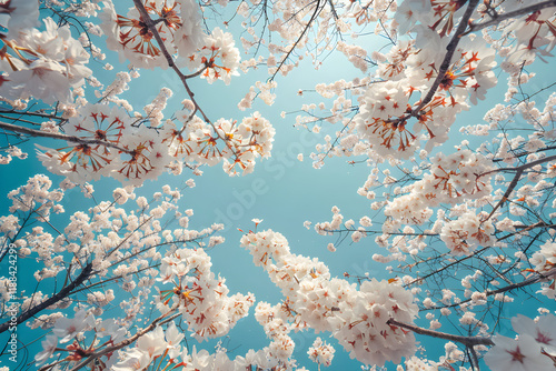 Canopy of Enchanting Sakura: A Reverie of Japanese Cherry Blossom Unveiled Underneath Vibrant Spring Skies photo