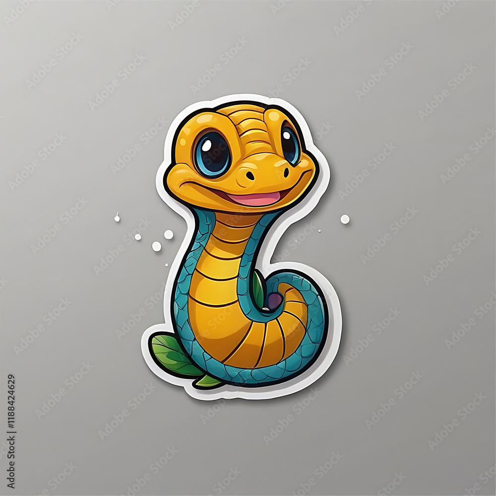 Fototapeta premium Friendly cartoon snake sticker with bright yellow and green colors on a light gray background