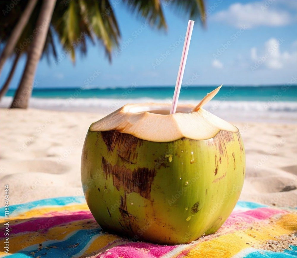 A coconut on the beach, ready to drink with a straw A coconut on the beach, ready to drink with a straw