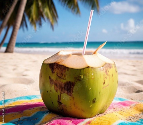 A coconut on the beach, ready to drink with a straw photo