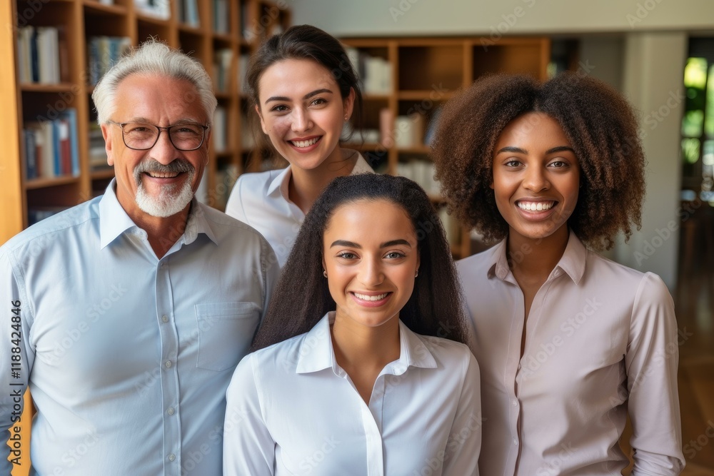 Diverse colleagues standing together in a library, showcasing teamwork and collaboration in a professional environment Diverse colleagues standing together in a library, showcasing teamwork and collaboration in a professional environment