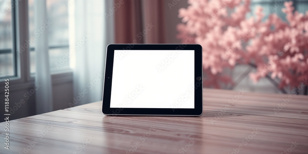 Tablet on Wooden Table with Blurred Background Tablet on Wooden Table with Blurred Background