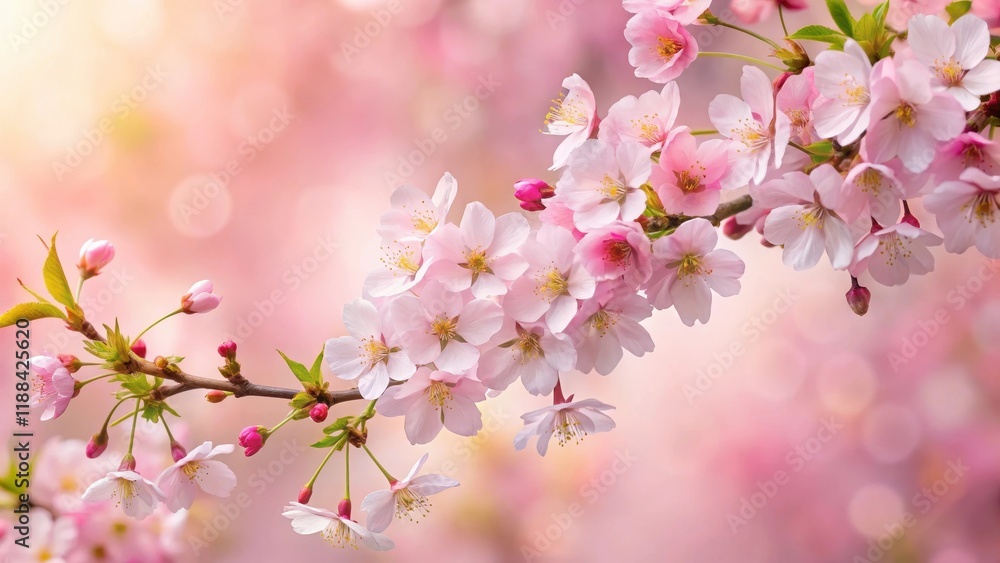Obraz premium Cherry blossoms in full bloom against a soft pink background with delicate green foliage, spring, pink, spring