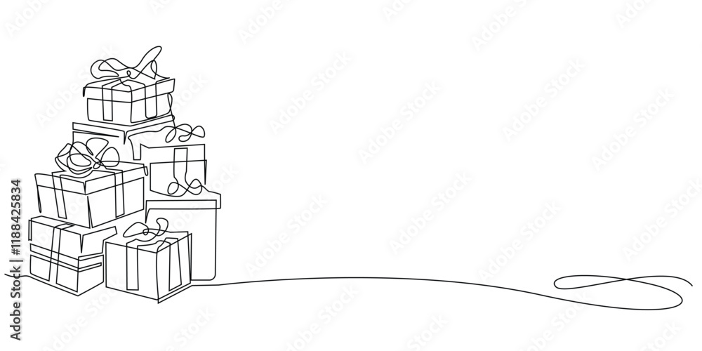 Fototapeta premium continuous line drawing of stack of gift boxes.one line drawing of gift boxes.several gift boxes arranged upwards.single line vector illustration.isolated white background
