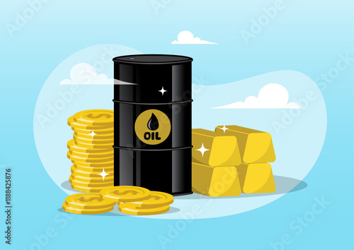 Stack of gold bar bullion and oil barrel