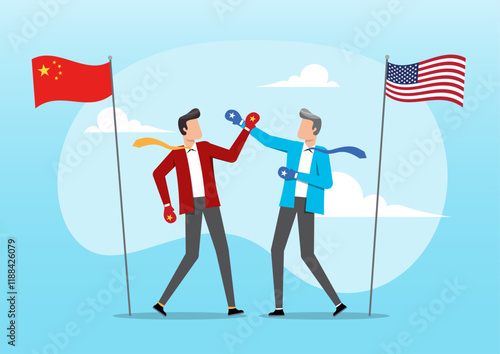 businessmen fighting wearing boxing globe with China and USA flag