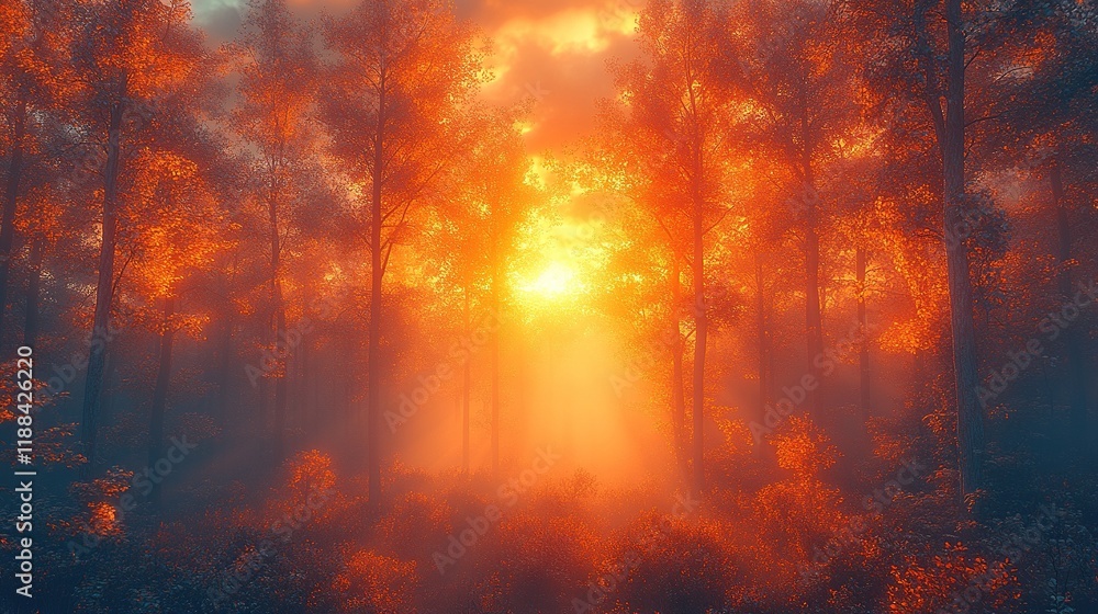 A serene forest scene at sunset, with vibrant orange hues illuminating the trees and mist. A serene forest scene at sunset, with vibrant orange hues illuminating the trees and mist.