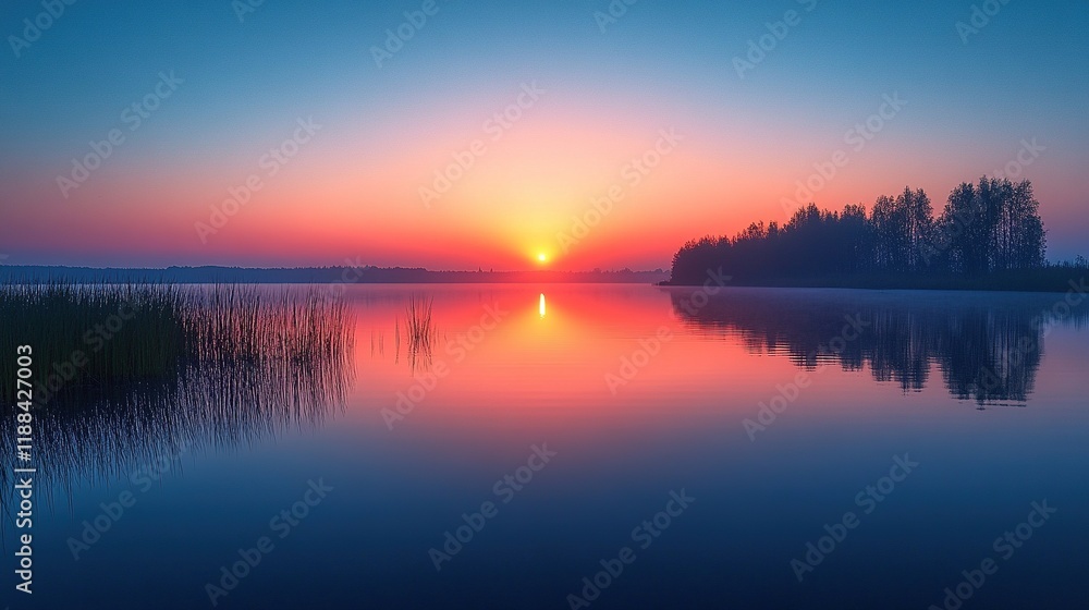 A serene sunset over a calm lake, reflecting vibrant colors and surrounded by trees and reeds. A serene sunset over a calm lake, reflecting vibrant colors and surrounded by trees and reeds.