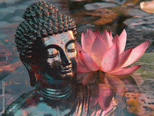 Serene Buddha Statue with Pink Lotus in Tranquil Pond photo