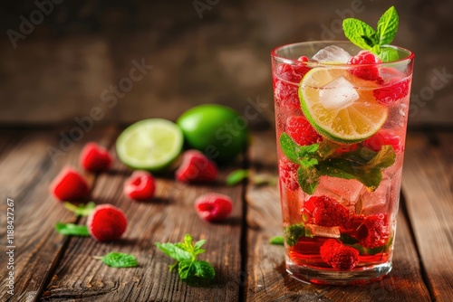 Wallpaper Mural Raspberry Mojito Lemonade with Lime and Fresh Mint in Glass on Wooden Background Torontodigital.ca