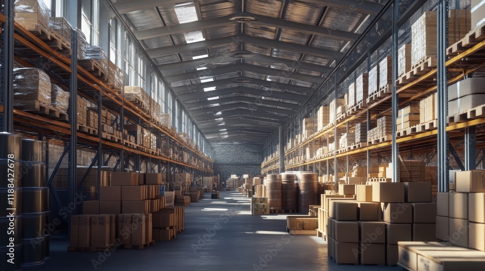 Sunlit warehouse interior with rows of stacked cardboard boxes and pallets on metal shelving. Sunlit warehouse interior with rows of stacked cardboard boxes and pallets on metal shelving.