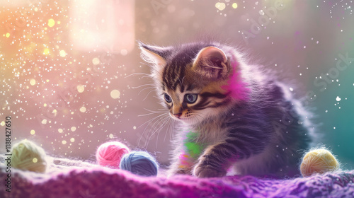 An adorable kitten silhouette made of colorful splashes, capturing playful energy in a cozy indoor setting. photo