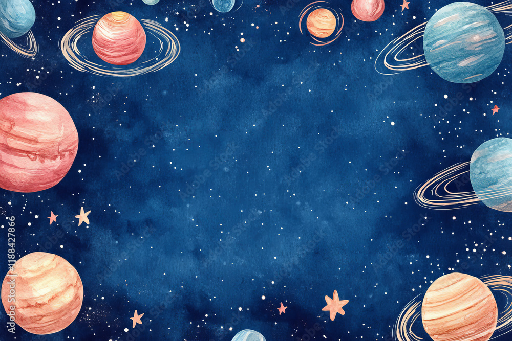 Naklejka premium An enchanting watercolor frame depicting stars and planets, drawing the viewer into a cosmic exploration.