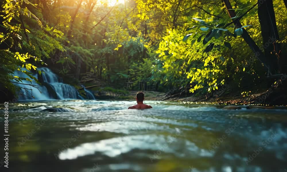 Person swimming in forest river during sunset Person swimming in forest river during sunset