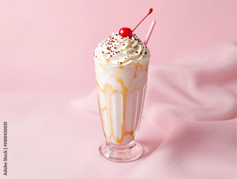 Milkshake with Whipped Cream and Cherry on Pink Background Milkshake with Whipped Cream and Cherry on Pink Background