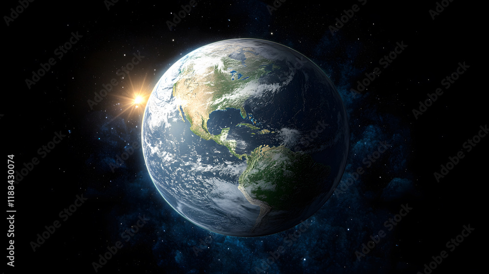 Fototapeta premium stunning view of Earth from space, showcasing continents and oceans illuminated by sunlight