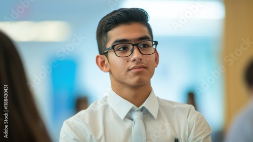 Young immigrant student in a school uniform, participating in class. photo