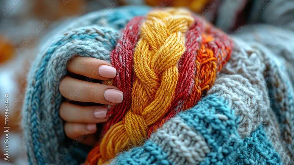 A close-up of a hand holding a colorful knitted blanket, evoking warmth and comfort in a cozy setting. A close-up of a hand holding a colorful knitted blanket, evoking warmth and comfort in a cozy setting.