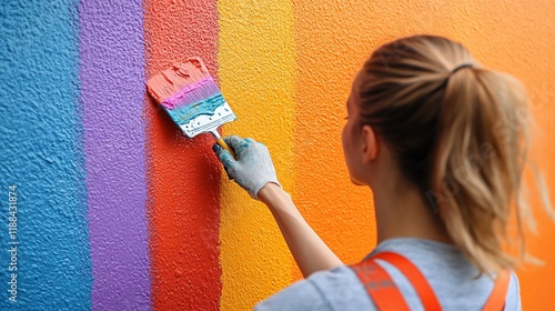 A person painting a colorful mural on a wall, showcasing vibrant stripes in various hues.
