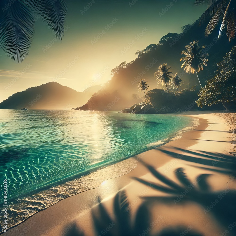 Fototapeta premium A serene tropical beach with crystal-clear water and white sand, cinematic lighting 
