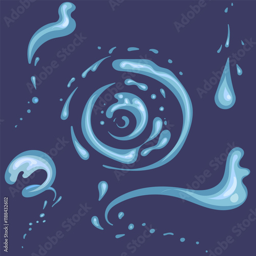 Water and its drops in different forms. with highlights and shades of blue. Vector illustration