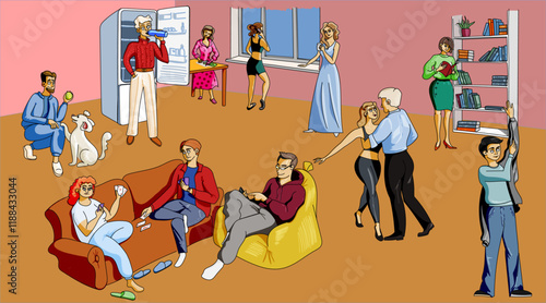 A group of people in a room doing various things: playing, reading books, rehearsing a dance. everyone is busy with their own business. Vector illustration