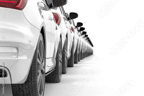 Premium Quality Image of Fleet of White Cars in a Row Isolated From White Background