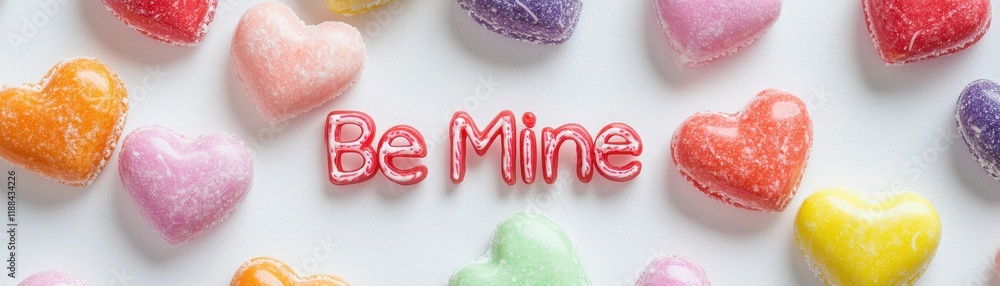 Obraz premium Colorful Candy Hearts with Be Mine Message Creating a Sweet and Festive Atmosphere Perfect for Celebrating Love and Affection on Special Occasions, White Background