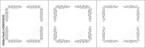 Set of three vector decorative frames, vegetal ornamental frame with glycine flowers, decorative border, corners, black and white. Isolated vector illustration.	
