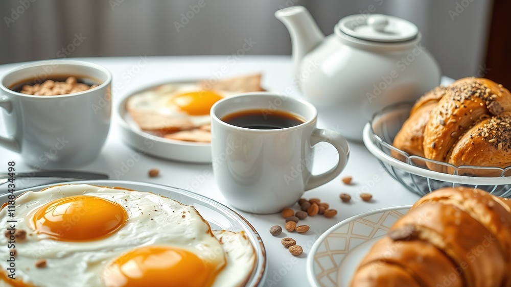 Delicious Breakfast with Coffee, Croissants, and Eggs Delicious Breakfast with Coffee, Croissants, and Eggs