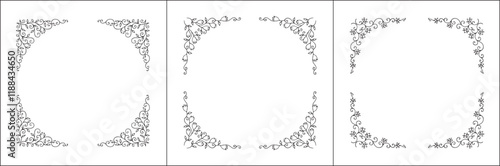 Set of three vector decorative frames, vegetal ornamental frame with flowers, decorative border, corners, black and white. Isolated vector illustration.	
